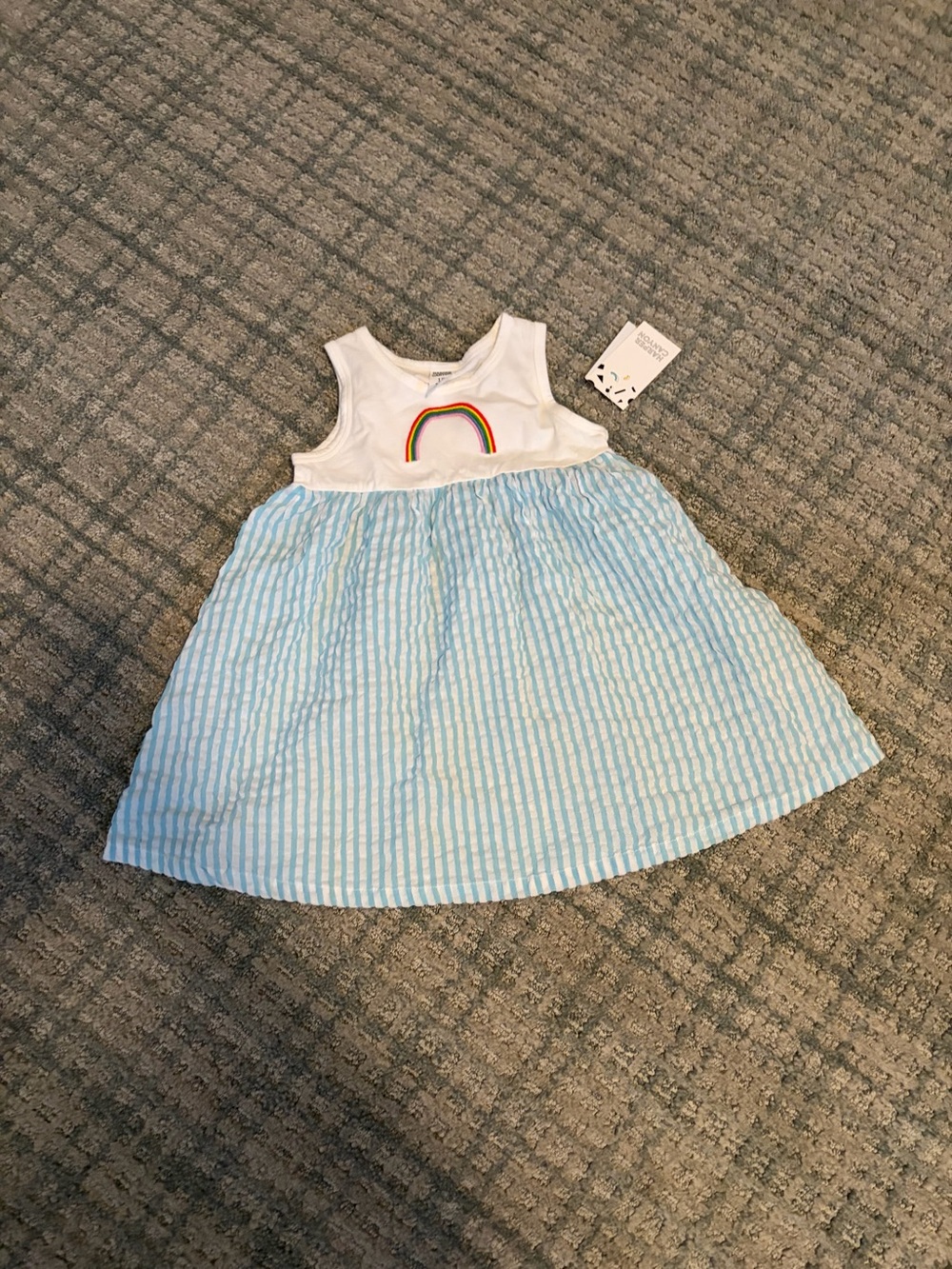 Baby Girl White Rainbow Tank Dress with Blue Stripe Skirt